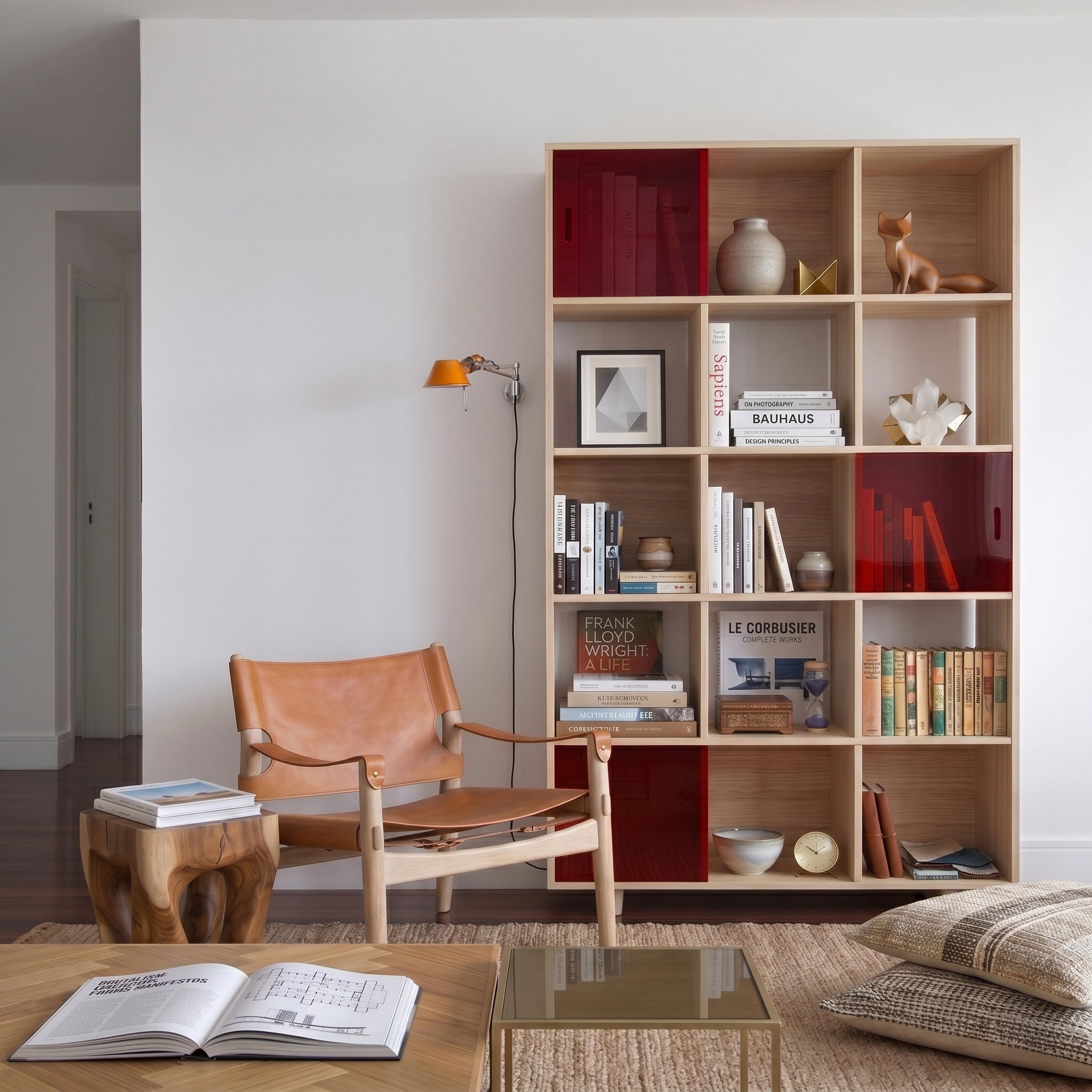 Supporto per giradischi e libreria bassa aperta